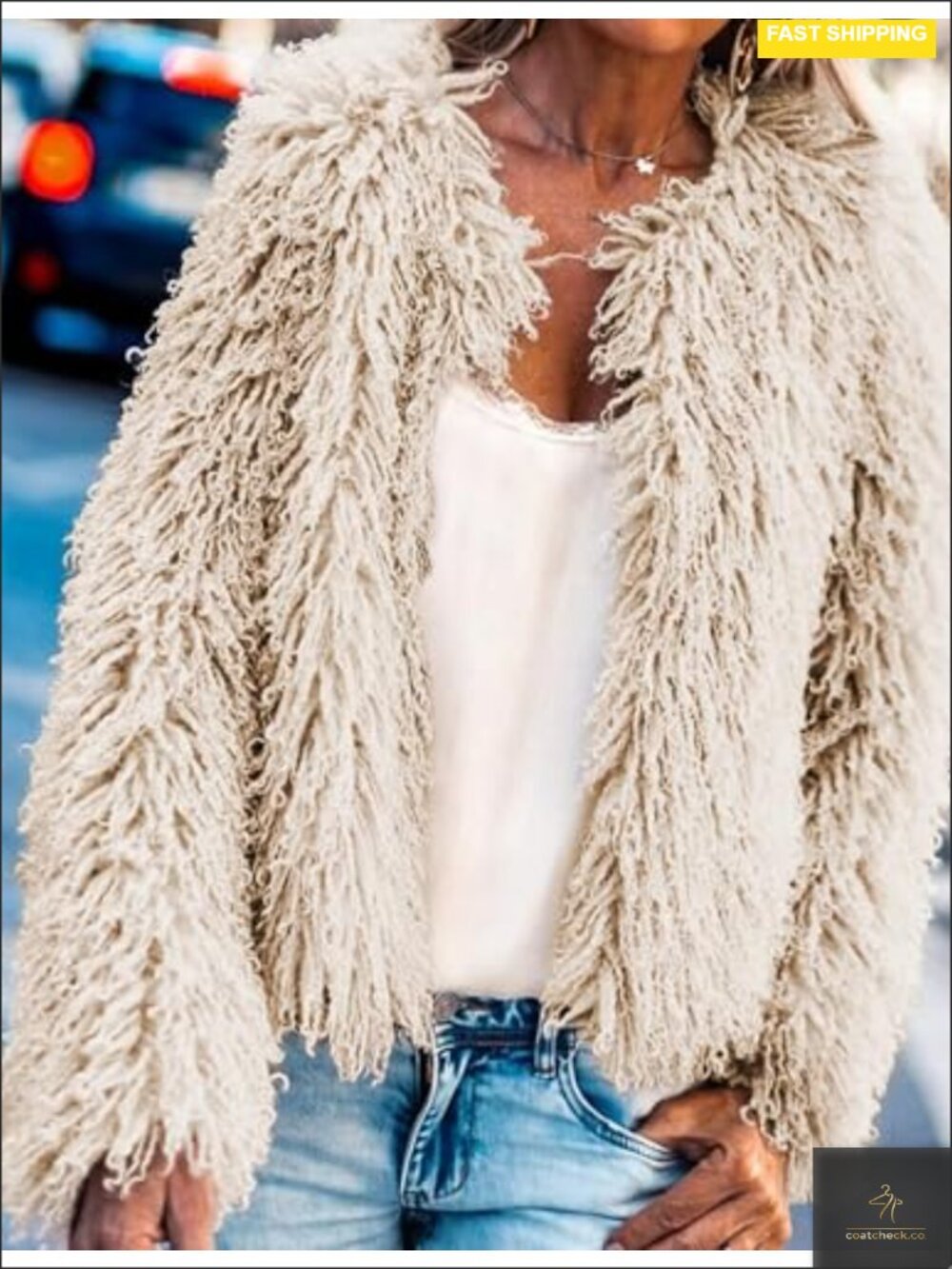 Faux Fur Cropped Jacket Long Sleeve Shaggy Warm Outerwear Lightweight - Picture 2 of 6